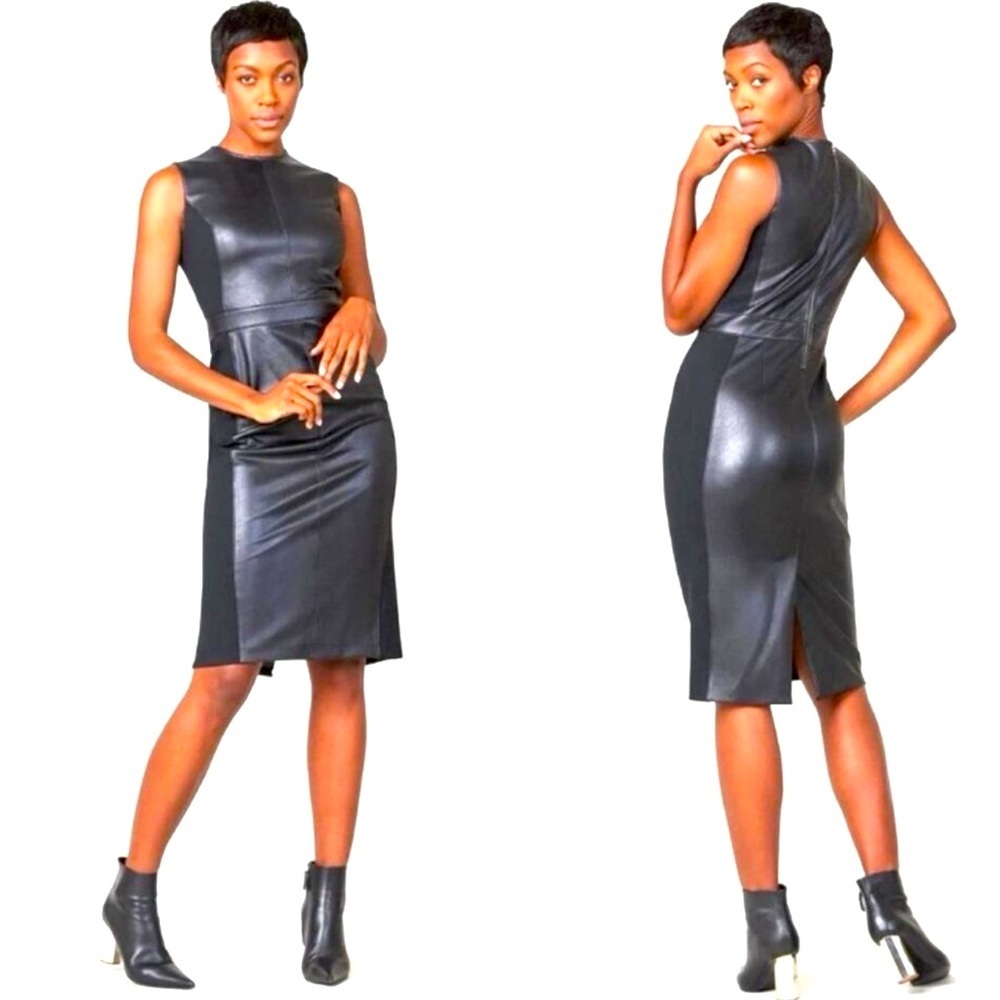 Spanx Mixed Media Sheath Dress Black Faux Leather Casual Workwear business NWT M